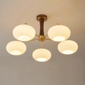 Nordic Wood & Brass Globe Ceiling Light - Frosted Glass Chandelier