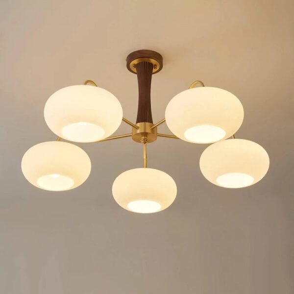 Nordic Wood & Brass Globe Ceiling Light - Frosted Glass Chandelier